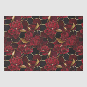 Papier Mousseline Motif Marbre Floral Rouge, Noir et Or Élégant