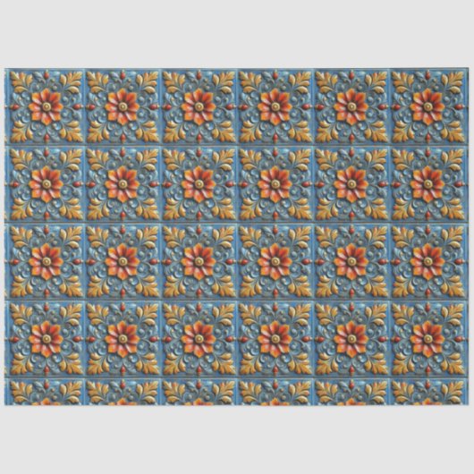 Papier Mousseline Motif mexicain Floral Orange Blue Tile (Recto)