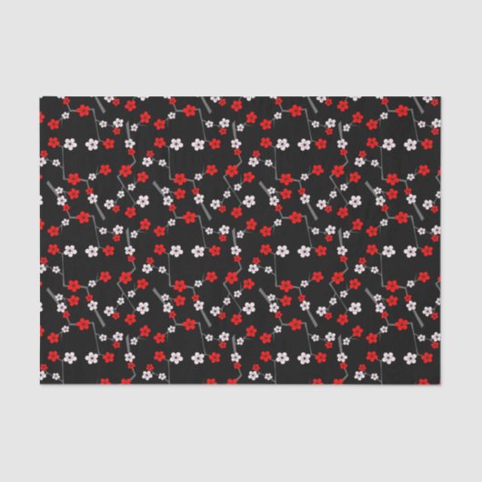 Papier Mousseline Motif noir et rouge de fleurs de cerisier (Recto)