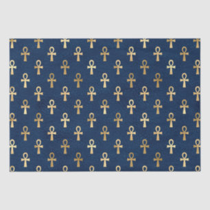 Papier Mousseline Motif or et bleu égyptien Ankh