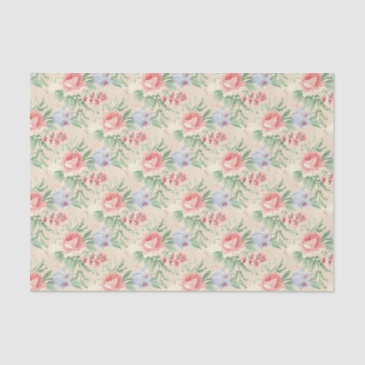 Papier Mousseline Motif rose vintage et fleurs bleues (Recto)