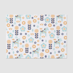 Papier Mousseline motif scandinave bleu jaune-orange d'art populaire