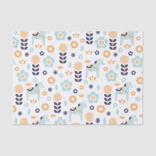 Papier Mousseline motif scandinave bleu jaune-orange d'art populaire (Recto)