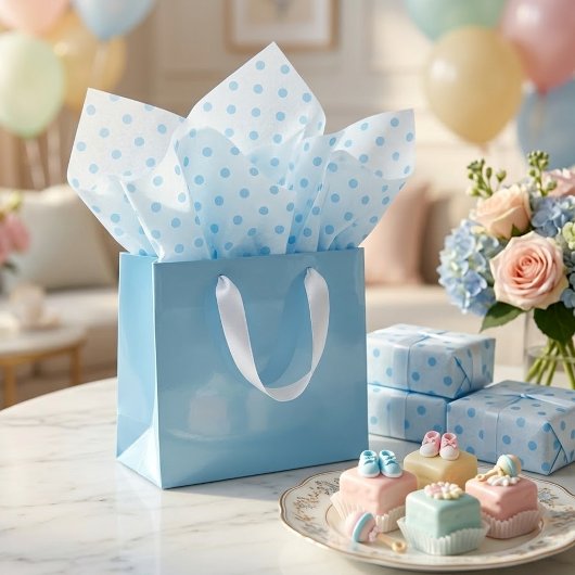Papier Mousseline Motif Simple Points Bleu Bébé sur Fond Blanc