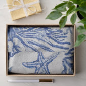 Papier Mousseline Motif Toile Côtière Bleue Coquillage Corail (Cadeau)