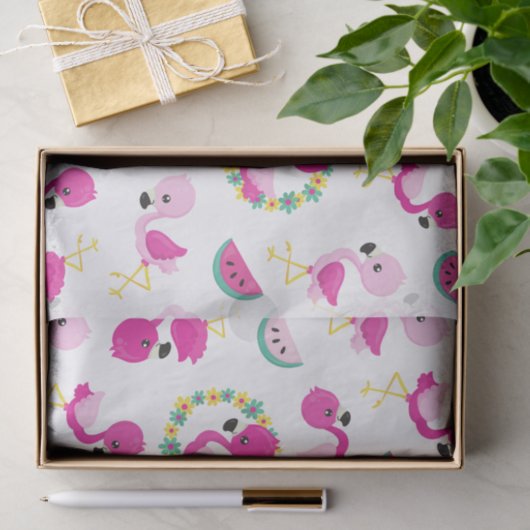 Papier Mousseline Motif tropical, Flamants roses, pastèques, Fleurs (Cadeau)