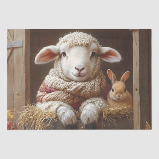 Papier Mousseline Moutons et lapin douillets en Grange avec Fleurs (Recto)