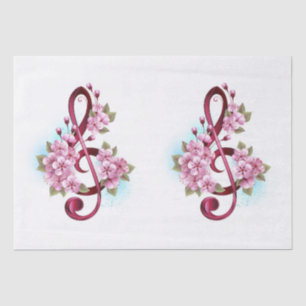 Papier Mousseline Musical treble clef notes with sakura flowers