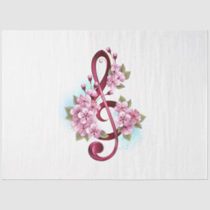 Papier Mousseline Musical treble clef notes with sakura flowers