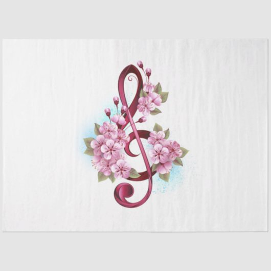 Papier Mousseline Musical treble clef notes with sakura flowers (Recto)