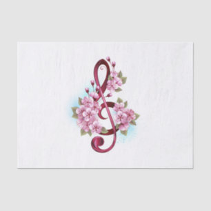 Papier Mousseline Musical treble clef notes with sakura flowers