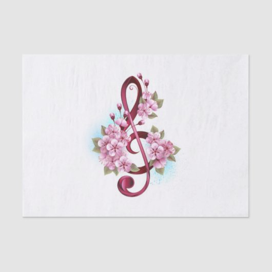 Papier Mousseline Musical treble clef notes with sakura flowers (Recto)