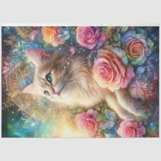 Papier Mousseline Mystical Rose Garden Cat Decoupage  (Recto)