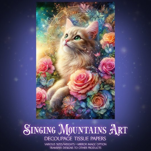 Papier Mousseline Mystical Rose Garden Cat Decoupage