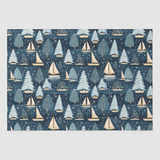 Papier Mousseline Nautical Coastal Noël Voilier Tissu Papier (Recto)
