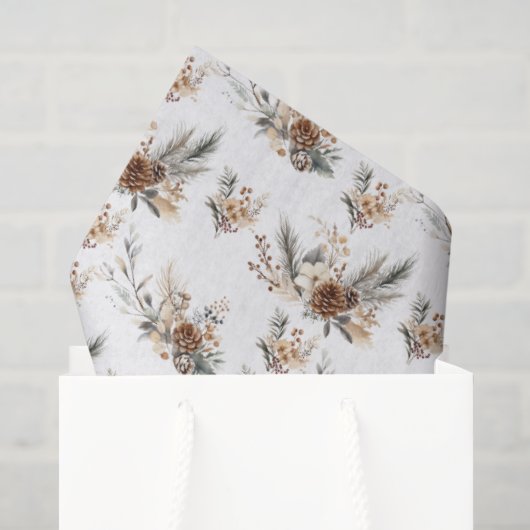 Papier Mousseline Noël Branches de Pin Cônes Rustique Forestier (Sac cadeau)