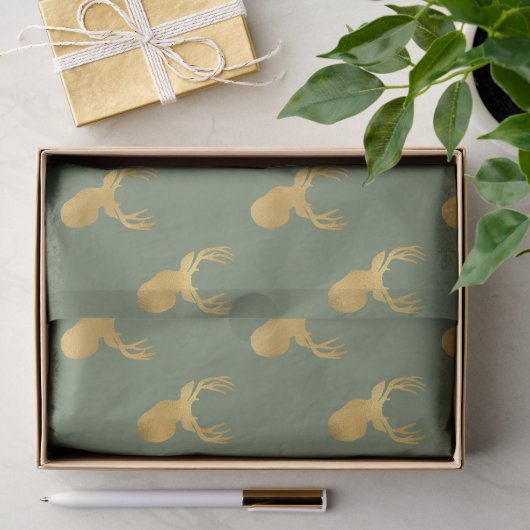 Papier Mousseline Noël Cerf Or Olive Vert Rustique (Cadeau)