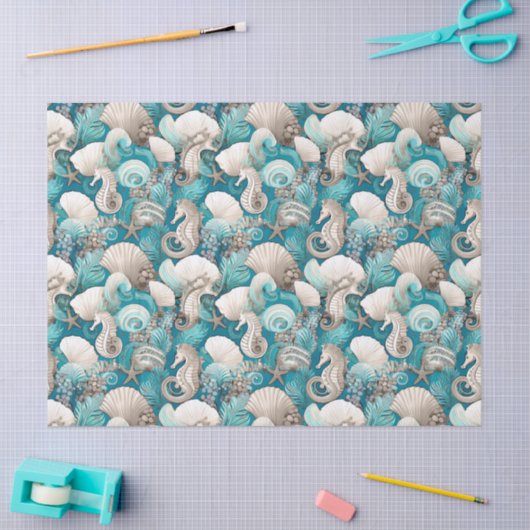 Papier Mousseline Noël côtier Bold Motif hippocampe #4 ID1009 (Artisanat)