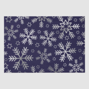 Papier Mousseline Noël Flocons de Neige Bleus et Argent Élégants