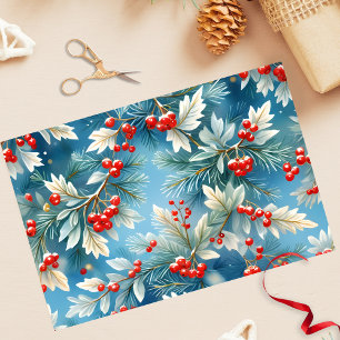 Papier Mousseline Noël hiver Baies rouges et branches de pins
