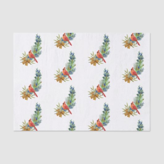 Papier Mousseline Noël Rouge Cardinal Bleu Baies Aquarelle (Recto)