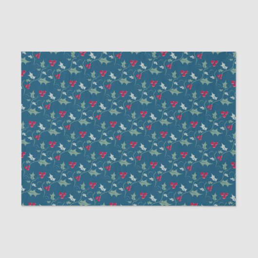 Papier Mousseline Noël sainte et baies rouges gris vert rouge (Recto)