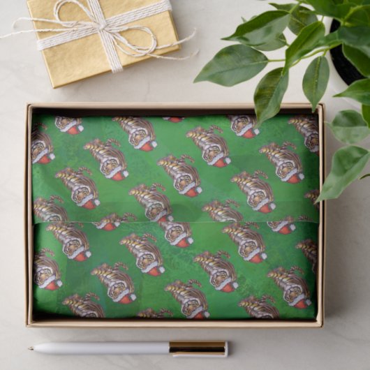Papier Mousseline Noël Tigre Sur Vert (Cadeau)