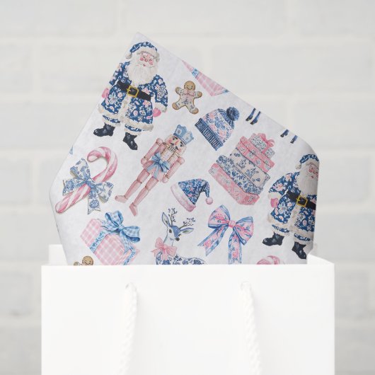 Papier Mousseline Noël Toile bleu et rose (Sac cadeau)
