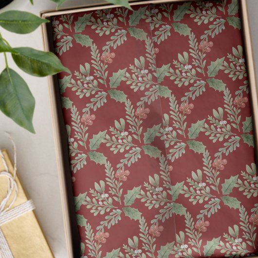 Papier Mousseline Noël Vacances Red Green Holly Berry Botanique