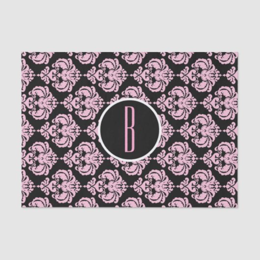 Papier Mousseline Noir et rose glam damas monogramme lettre initiale (Recto)