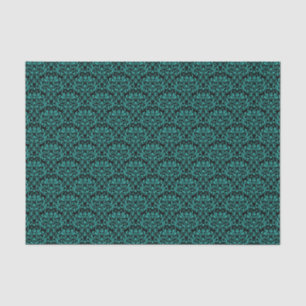 Papier Mousseline Noir et Turquoise Rose Floral Damask