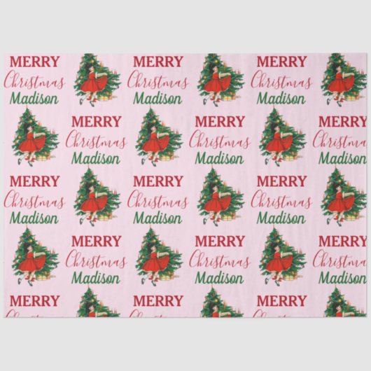 Papier Mousseline Nom personnalisé Rétro Noël Fille Noël Arbre rose (Recto)
