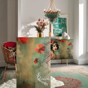 Papier Mousseline Nouveaux motifs, floral délavé, rouge et vert