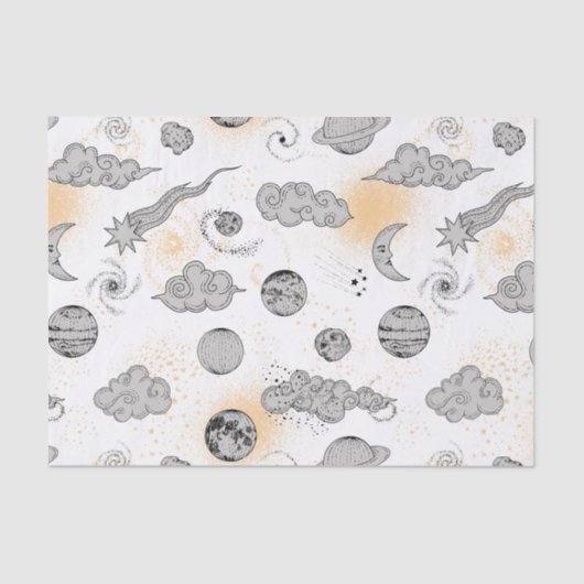 Papier Mousseline Nuages planètes tournant étoiles étoile noir blanc (Recto)