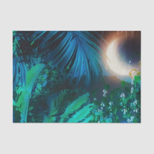 Papier Mousseline Nuit Lune Tropical Jungle Feuilles Silver Blue (Recto)