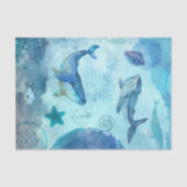 Papier Mousseline Océan Bleu mer avec baleines (Recto)