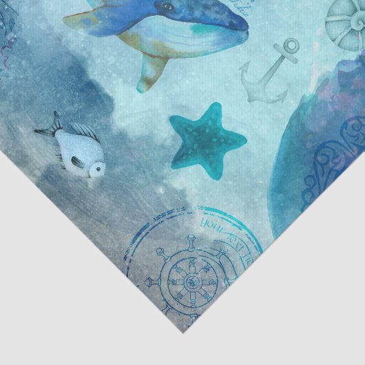 Papier Mousseline Océan Bleu mer avec baleines (Détail)