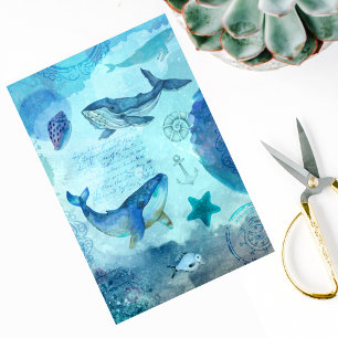 Papier Mousseline Océan Bleu mer avec baleines