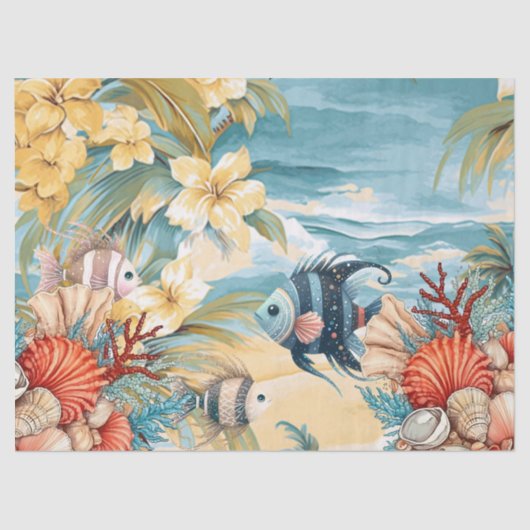 Papier Mousseline Océan Vintage Whimsical Floral & Poisson (Recto)