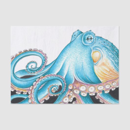 Papier Mousseline Octopus Bleu Sur Encre Blanche (Recto)