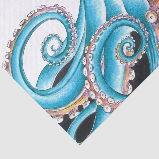 Papier Mousseline Octopus Bleu Sur Encre Blanche (Détail)