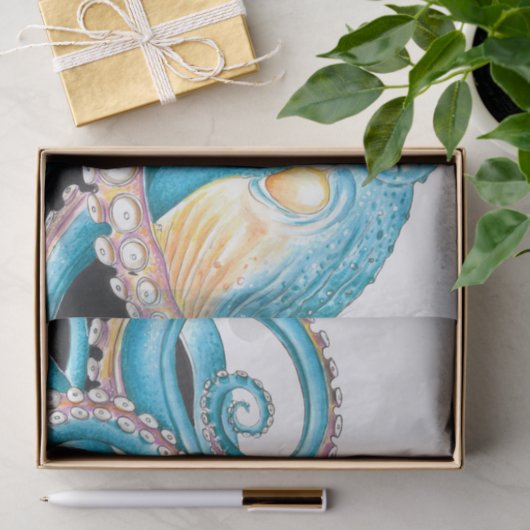 Papier Mousseline Octopus Bleu Sur Encre Blanche (Cadeau)