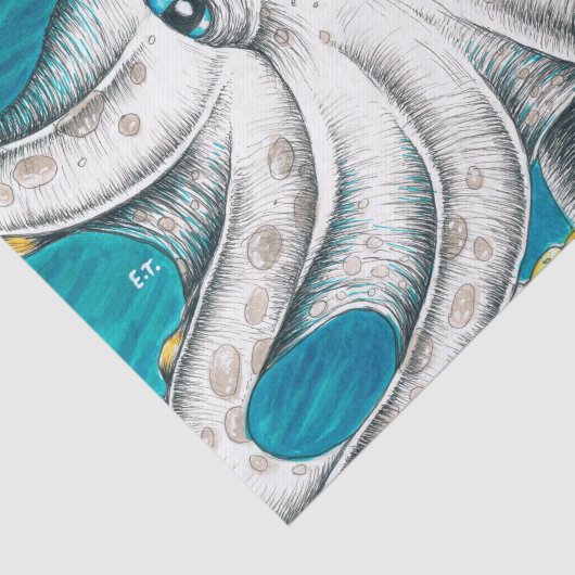Papier Mousseline Octopus Tentacles encre turquoise verte (Détail)