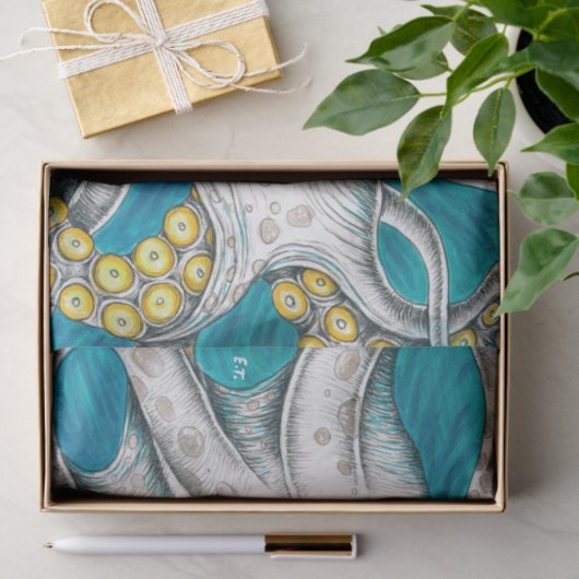 Papier Mousseline Octopus Tentacles encre turquoise verte (Cadeau)