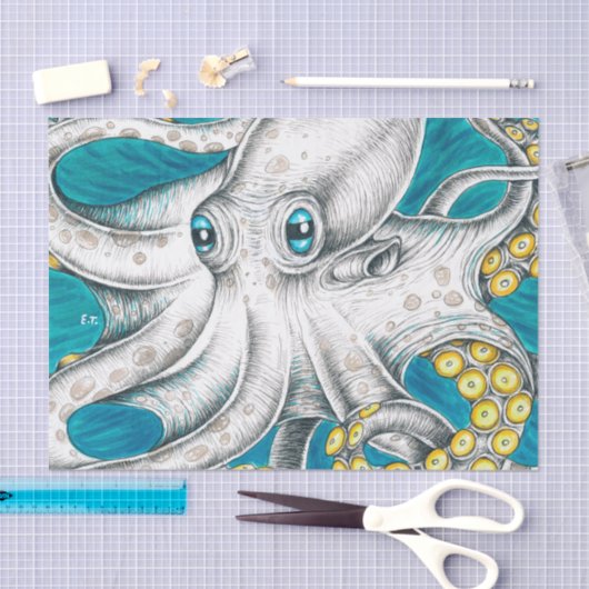 Papier Mousseline Octopus Tentacles encre turquoise verte (Artisanat)