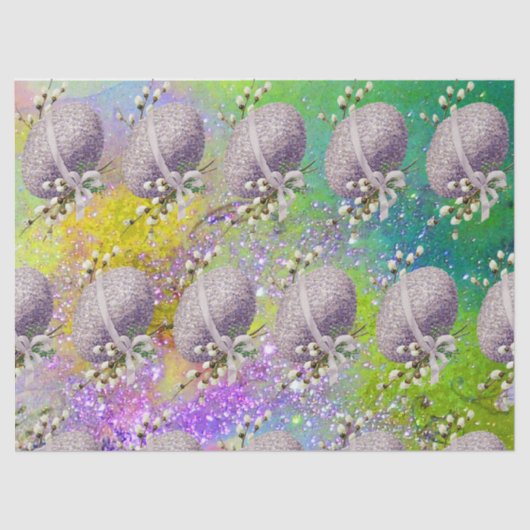 PAPIER MOUSSELINE OEUF DE PÂQUES POURPULAIRE, BLANCS, PARKLES JAUNES (Recto)