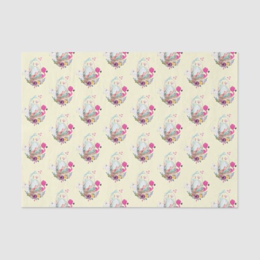 Papier Mousseline Oeuf mignon, Flamant rose et lapin, Motif d'aquare (Recto)