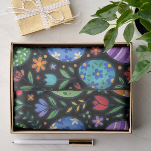 Papier Mousseline Œufs de Pâques et fleurs arc-en-ciel (Cadeau)