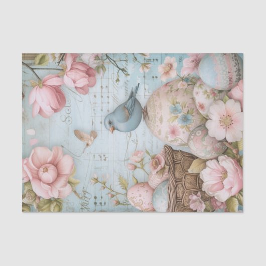 Papier Mousseline Oeufs de Pâques Fleurs de printemps avec oiseau bl (Recto)