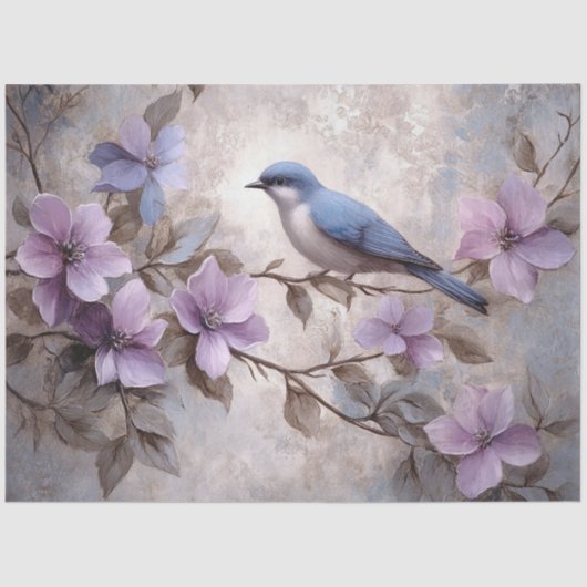 Papier Mousseline Oiseau bleu avec fleurs violettes Découpage (Recto)
